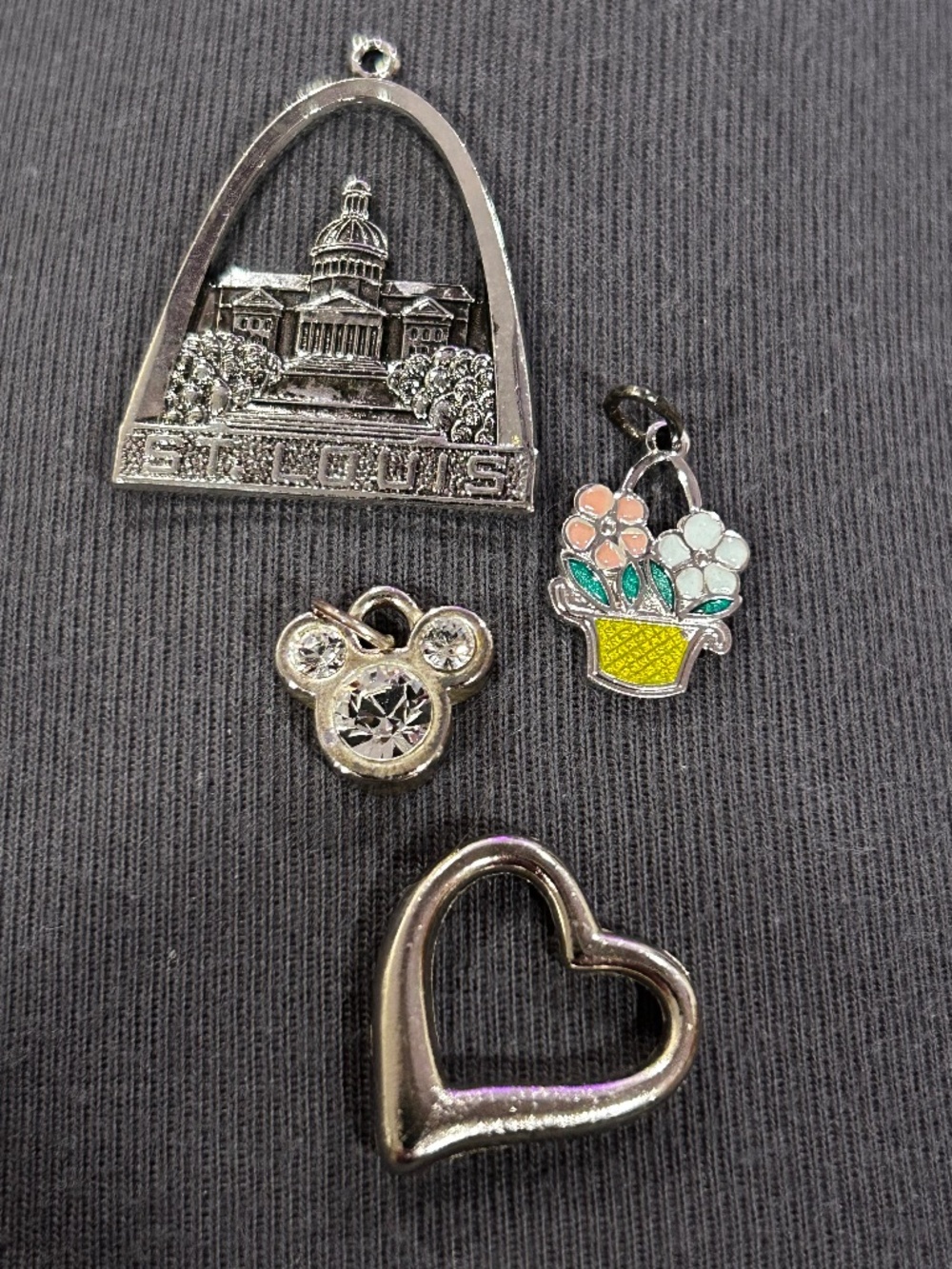 Lot of 4 Silver Tone Dangle Charms Heart Love Mickey Mouse Floral Basket Capitol